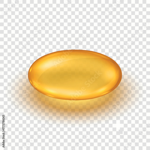 Vector 3d Realistic Gold Capsule, Soft Gel Vitamin Pill Isolated. Glossy Gold Capsule, Omega 3, Collagen, Supplement, Medicine, Pharmaceutical Design. Golden Pill Illustration, Top View