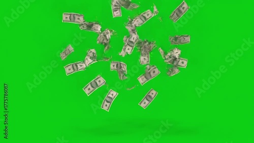 Animated Cash Flow with 2d animation motion graphics drawing of money dollar bill or bank note thrown up and falling down on white green screen alpha matte in hd high definition distortion, overlay