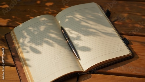 Open notebook with pen on a wooden table bathed in sunlight