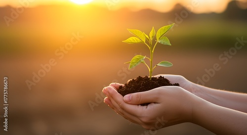 Hands holding soil with green seedling against golden sunset light dirt