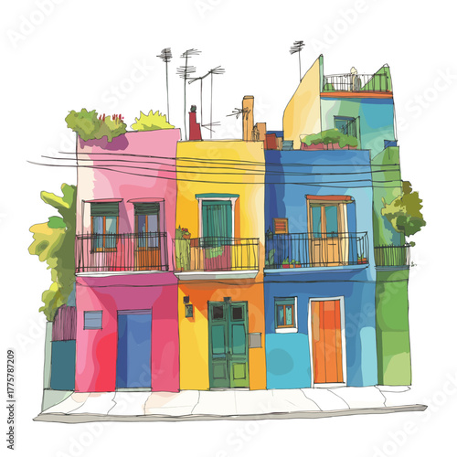 La Boca and Caminito. La Boca and Caminito hand drawn watercolor illustration