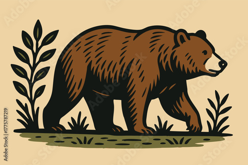 Brown bear walking through stylised forest minimal vector illustration with thick bold outlines and earthy pastel palette perfect for label or packaging design