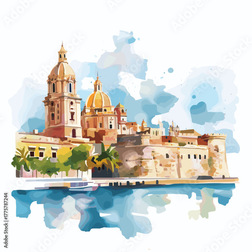 Castillo San Felipe de Barajas. Castillo San Felipe de Barajas hand drawn watercolor illustration