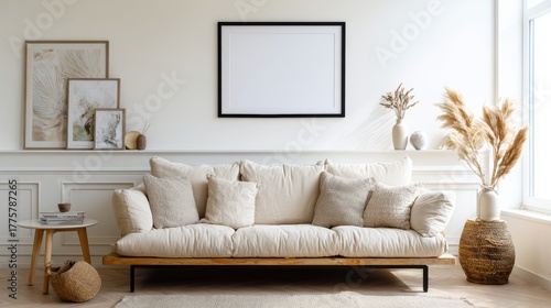 Fototapeta Naklejka Na Ścianę i Meble -  interior design of modern living room with beige fabric sofa and cushions. White wall with frame and space for text, living, furniture