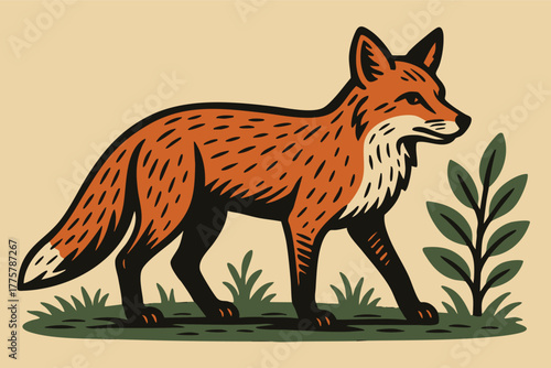 Red fox minimalistic illustration with bold lines and flat pastel design in vintage linocut style ideal for packaging labels or wildlife-themed artwork