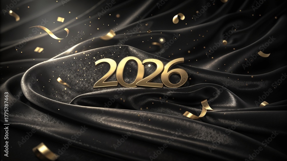 Fototapeta premium Black Silk Luxury Happy New Year 2026 Golden Ribbon Style Template