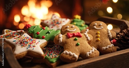 Close-up of freshly baked and decorated Christmas cookies on a tray.