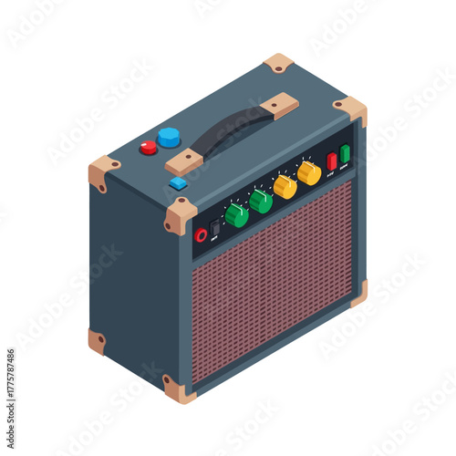 Detailed Isometric Vector Illustration of Guitar Amplifier with Colorful Knobs