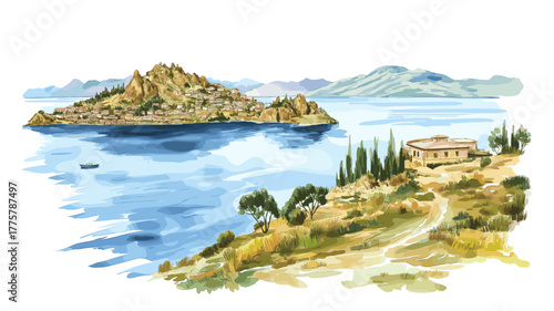 Lake Titicaca ? Isla del Sol. Lake Titicaca ? Isla del Sol hand drawn watercolor illustration