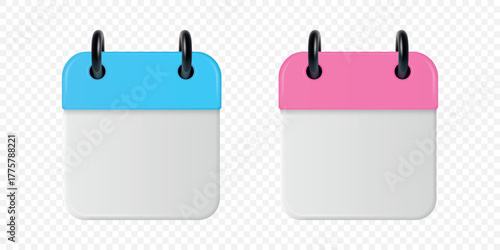 Vector 3d Calendar Icon Set in Blue and Pink. Blank Square Calendar Icon Template for Planner, Schedule, Organizer, Date Reminder. Office Design Element, Modern Calendar, Front View