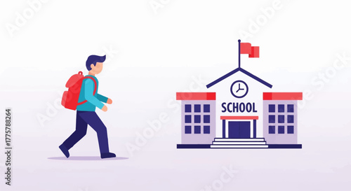 Student walking towards school building with flags minimal design silhouette