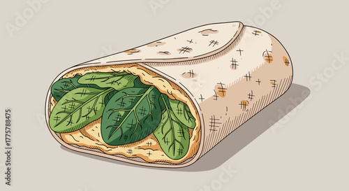 Vegan wrap with hummus and spinach drawing for restaurant menu and healthy lifestyle design