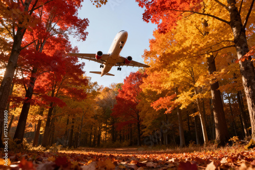 Passenger airplane soaring above vibrant autumn forest, dynamic travel scene, golden and red foliage, outdoor adventure concept with copy space