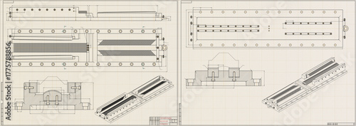 Mechanical engineering drawings on light background. Cutting tools, milling cutter. Technical Design. Cover. Blueprint. Horizontal seamless pattern. Vector illustration.