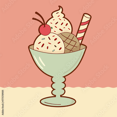 Whimsical Ice Cream Sundae Illustration with Cherry Topping