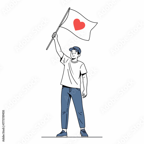 Volunteer Holding Flag with Heart Symbol of Love