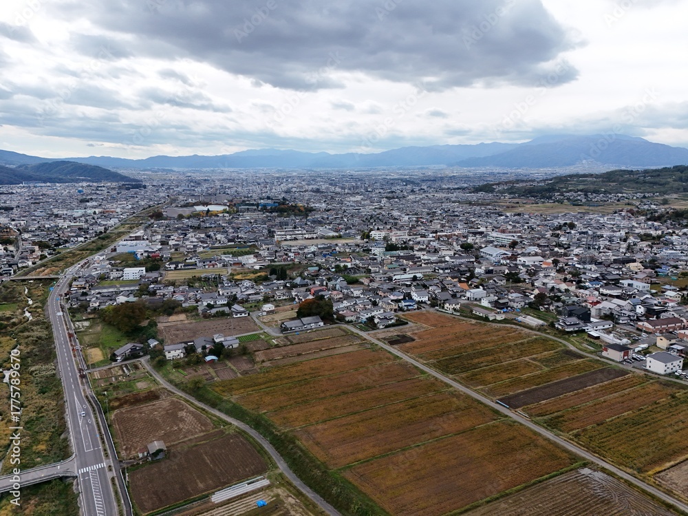 Fototapeta premium A city with a lot of houses and a lot of empty land. The sky is cloudy and the sun is not visible