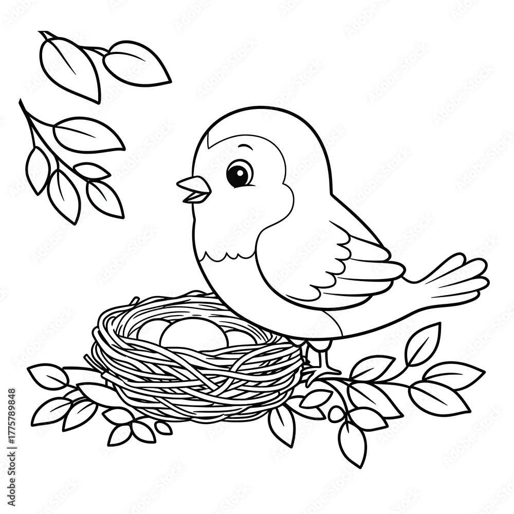 Fototapeta premium A line drawing shows a bird in a nest with eggs on a branch