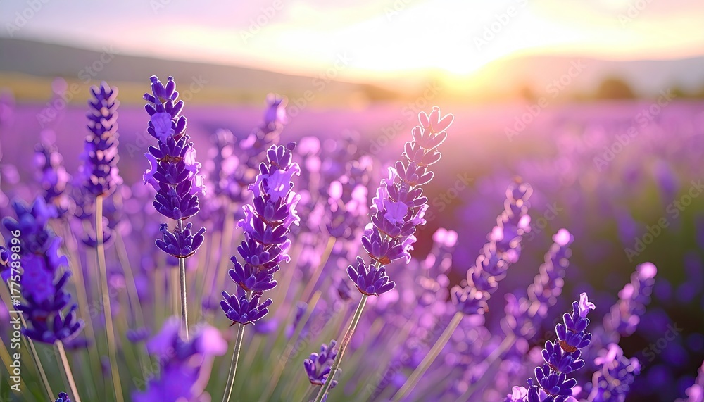 Naklejka premium Close up of purple lavender flowers in bloom during golden hour with sun flares and bokeh background in a field at sunset