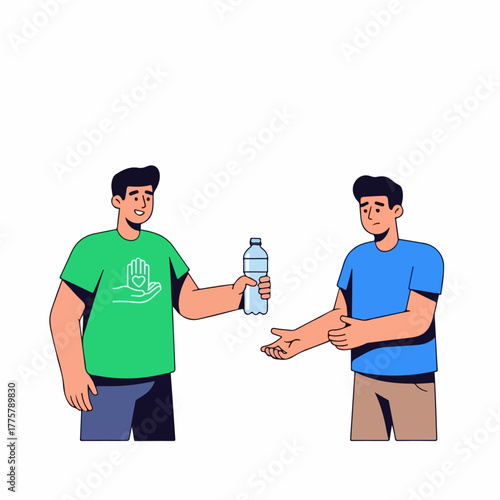 A charitable man in a green t-shirt with a helping hand logo gives a bottle of water to another person.