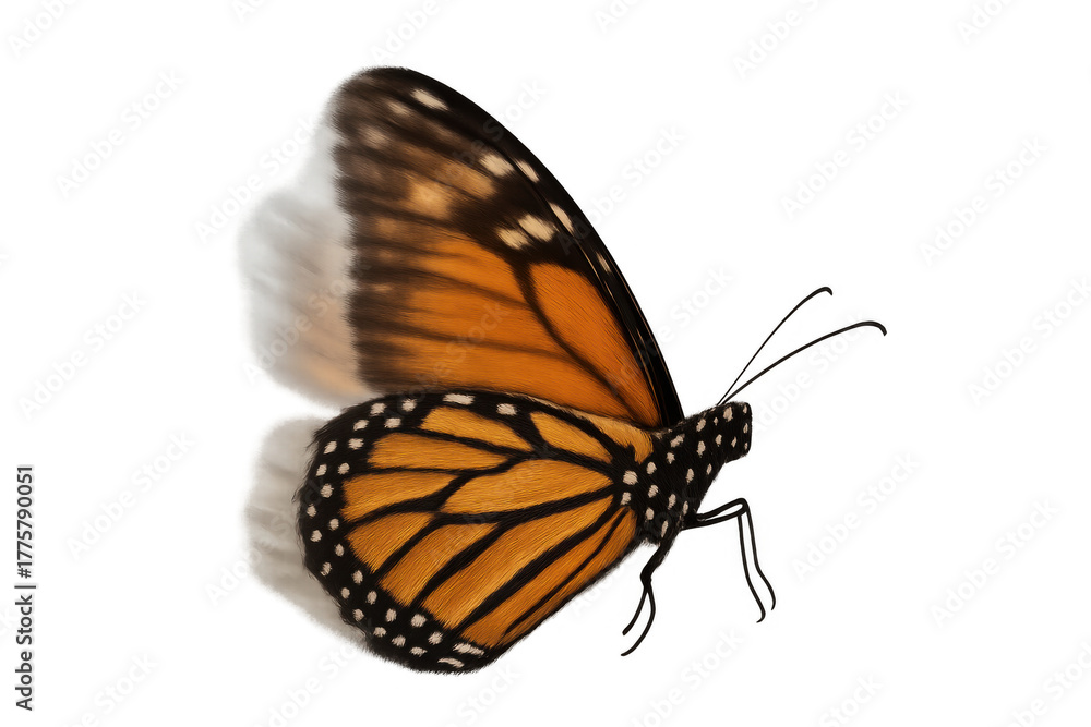 Fototapeta premium Monarch butterfly in detailed side view, danaus plexippus, showing wings and body, transparent background