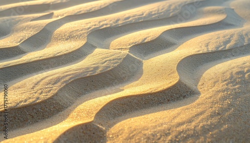 Fototapeta Naklejka Na Ścianę i Meble -  Close up of sunlit sand dunes with rippled texture and golden hour lighting casting long shadows creating a sense of depth and warmth