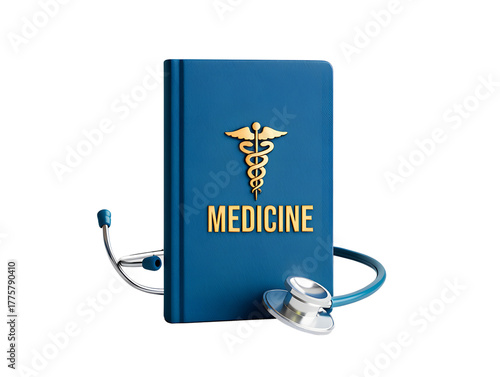 3d rendering of medical textbook with stethoscope, isolated on transparent background. Symbolizes medical education, healthcare learning, student doctor concepts