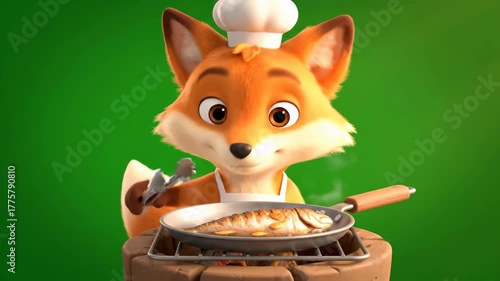 Animated Fox Chef Cooking Fish on Grill Against Green Backdrop, Cartoon Style with Warm Lighting, Close Up View for Culinary Concept