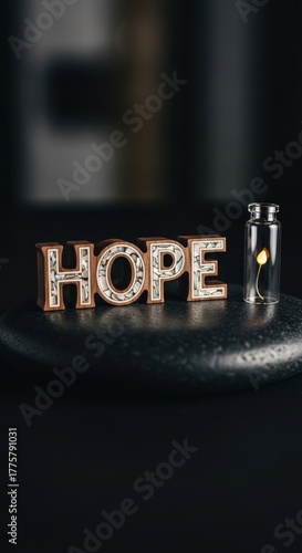 Hope Concept Photography: Walnut Typography with Mother-of-Pearl Inlay on Black Basalt and Glowing Seed Vial – Poetic Science in Luminous Still Life
