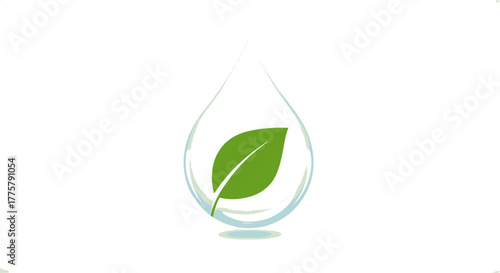 Minimalist illustration features a vibrant green leaf encapsulated within a stylized water droplet, evoking themes of nature, purity, and environmental consciousness