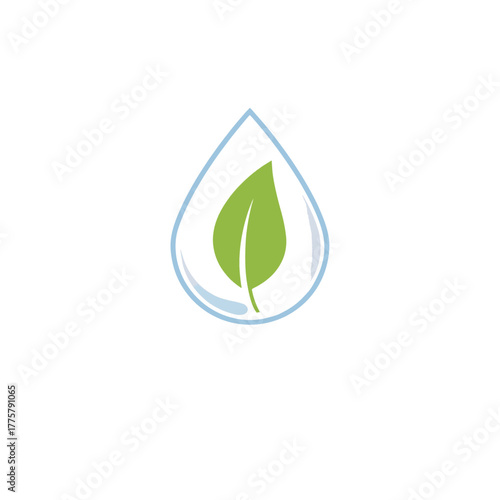 Minimalist illustration of a water droplet containing a vibrant green leaf, representing purity and natural resources in a clean and symbolic design with a soft, pastel color palette,