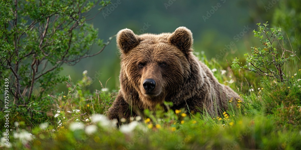 Fototapeta premium Majestic brown bear with warm fur resting in green meadow surrounded by wildflowers and lush foliage under a serene blue sky in nature s habitat