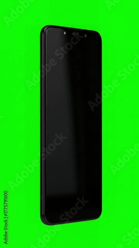 Mobile Device Display with black screen phone model spinning around animated graphic distortion, green overlay, glitch, static noise, scan lines on background, 4k video loop