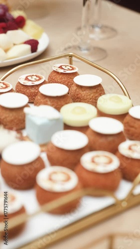 Elegant dessert table with assorted pastries and sweets, wedding or celebration candy bar with mini cakes and eclairs, luxury catering presentation with soft lighting and modern gold decor