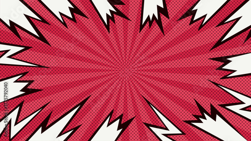 Comic Book Cartoon Sunburst Halftone Bolt Flat Isolated on Red Background.Vector Illustration