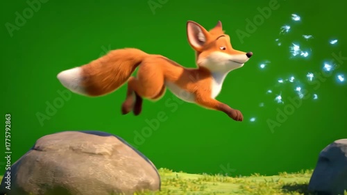 Animated Orange Fox Leaping From Rock With Glowing Lights Against Green Screen Background For Compositing With Visual Effects And Cartoon Style