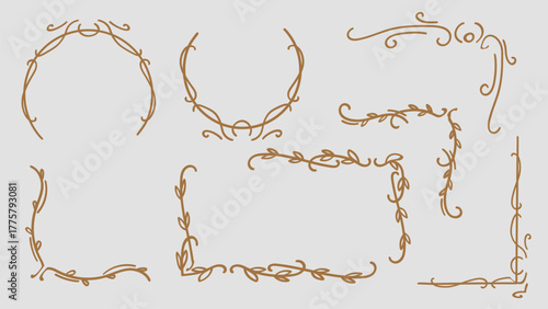 Gold Botanical Leaves Geometric Border Frame Collection Vintage Style Design. Vector Illustration