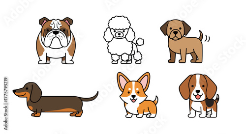 Diverse Collection of Adorable Dog Breeds in Cartoon Style