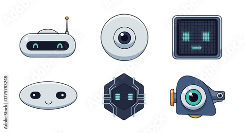 Set of Diverse Robotic Icons and Character Faces for Technology and AI Concepts