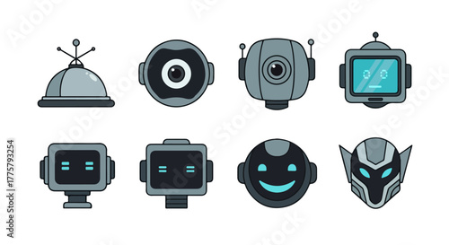 Collection of Diverse Robot Heads and Avatars for Futuristic Technology and AI Concepts