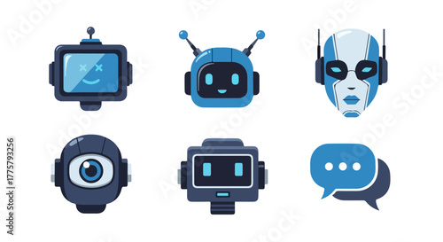 Collection of Digital Robot and AI Chatbot Icons for Technology and Communication