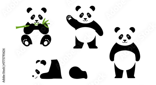 Cute Cartoon Panda Set Eating Bamboo Waving Hello Standing and Sleeping