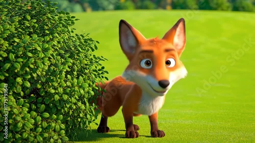 Animated Fox Standing Near Green Bush on Green Field Under Bright Sunlight Cartoon Style with Detailed Texture and Soft Lighting Style