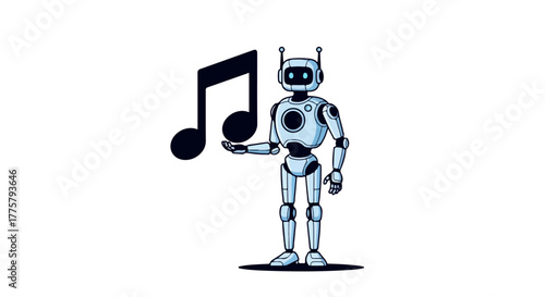 AI Robot Holding Music Note Symbol Representing Artificial Intelligence in Music Creation and Technology