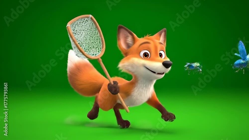Orange Fox Character Chasing Butterflies with Net on Green Screen Background in Cartoon Style Animation, Cartoon Animal Catching Insects and Running