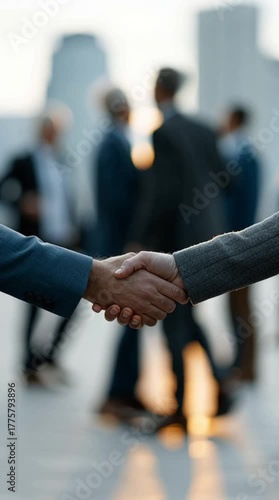Deal Sealing: Close-up of a firm handshake, a symbol of agreement and collaboration, taking place against a backdrop of the urban business world, signifying partnerships and teamwork.
