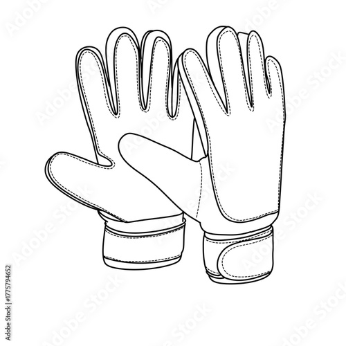 A detailed line art illustration of a pair of goalkeeper gloves, designed for protection and grip in soccer or football, featuring wrist straps and finger padding.