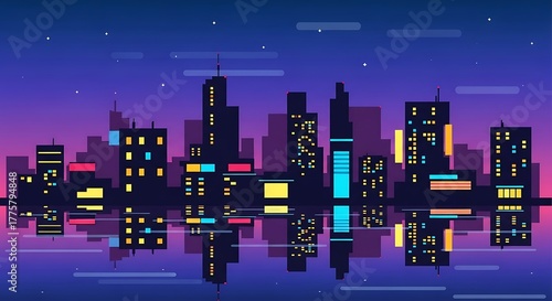 Vibrant Neon Pixel Art Cityscape at Night with Water Reflection.