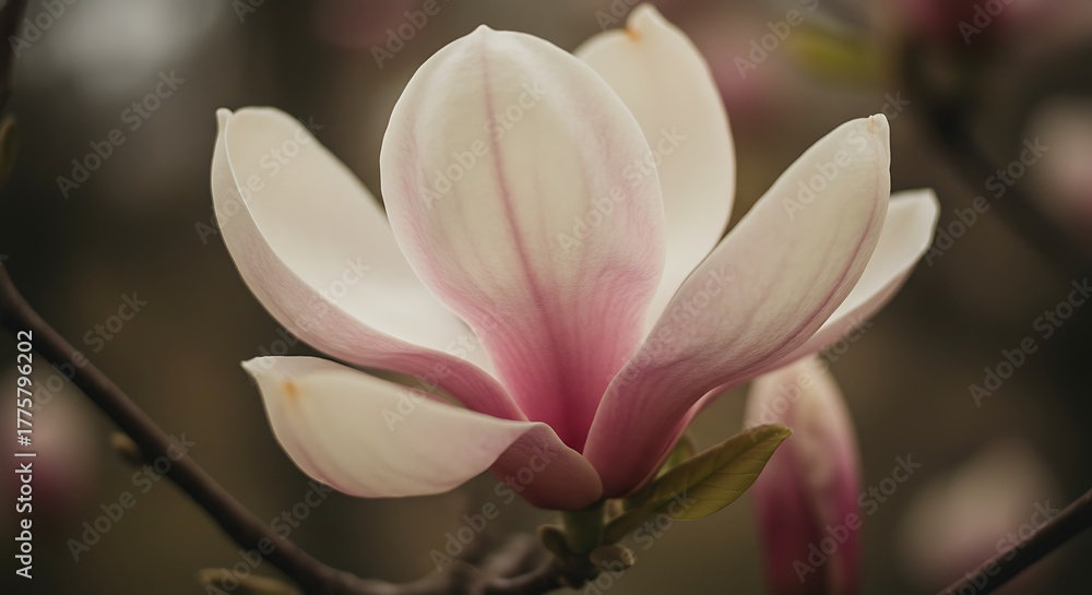 Fototapeta premium Close up of a delicate magnolia flower pink and white petals on a blurred background