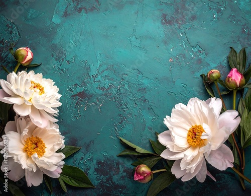 Fototapeta Naklejka Na Ścianę i Meble -  White peonies and buds against teal textured background